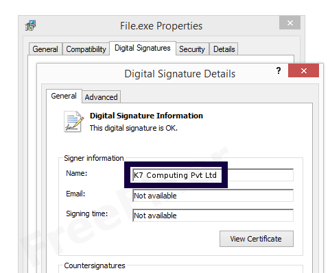 Screenshot of the K7 Computing Pvt Ltd certificate